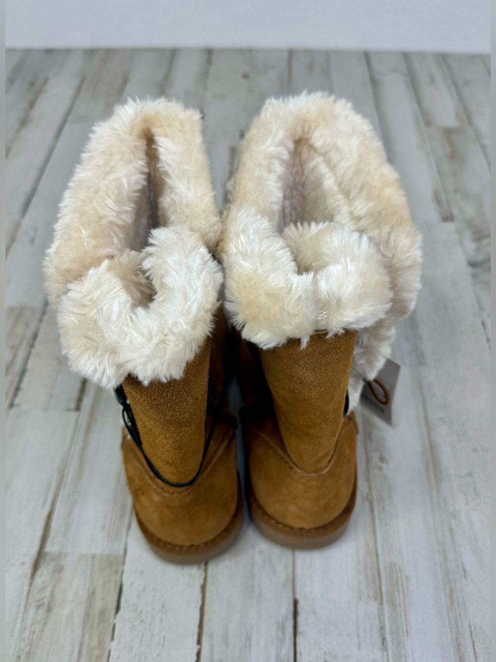 Mossimo Supply Co Brown Chestnut Suede Mid Calf Boots Cream Fur Women's 7 - Picture 4 of 6